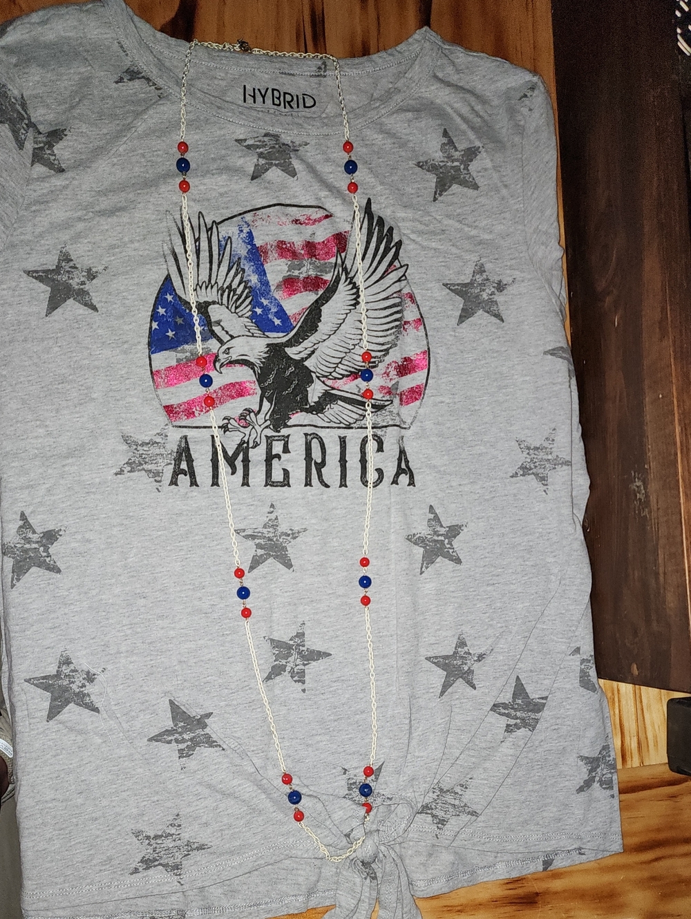 White Necklace with Blue and Red Accents